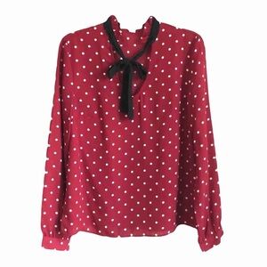 Love Tree High Neck Tie Blouse Red & White Polka Dot Size M